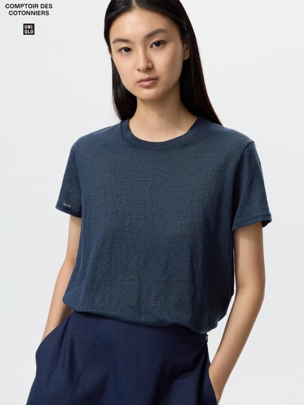 UNIQLO Comptoir des Cotonniers 100% Linen Short Sleeve Relaxed Fit Tee Navy Blue